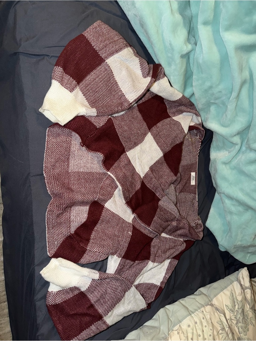 Ardene Burgundy and Cream Plaid Crewneck Sweater